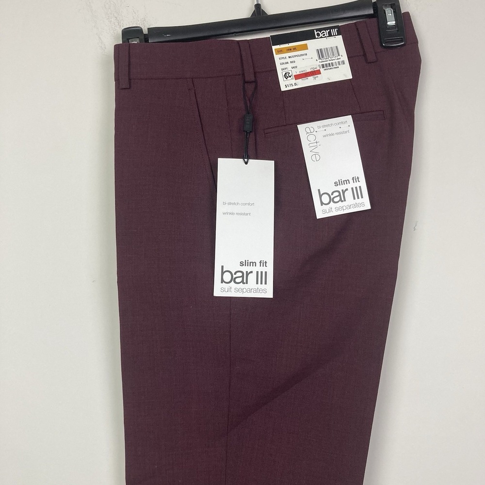 Bar III Mens Slim-fit Dress Pants 29Wx30L Wool Blend Red Solid E101501